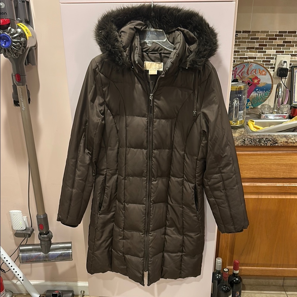 Michael Kors Brown Puffer Jacket with Faux Fur Hood